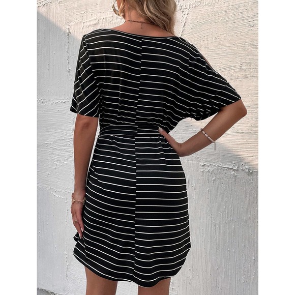 preppy Cold Shoulder Striped Belted Dress black white - Picture 5 of 10